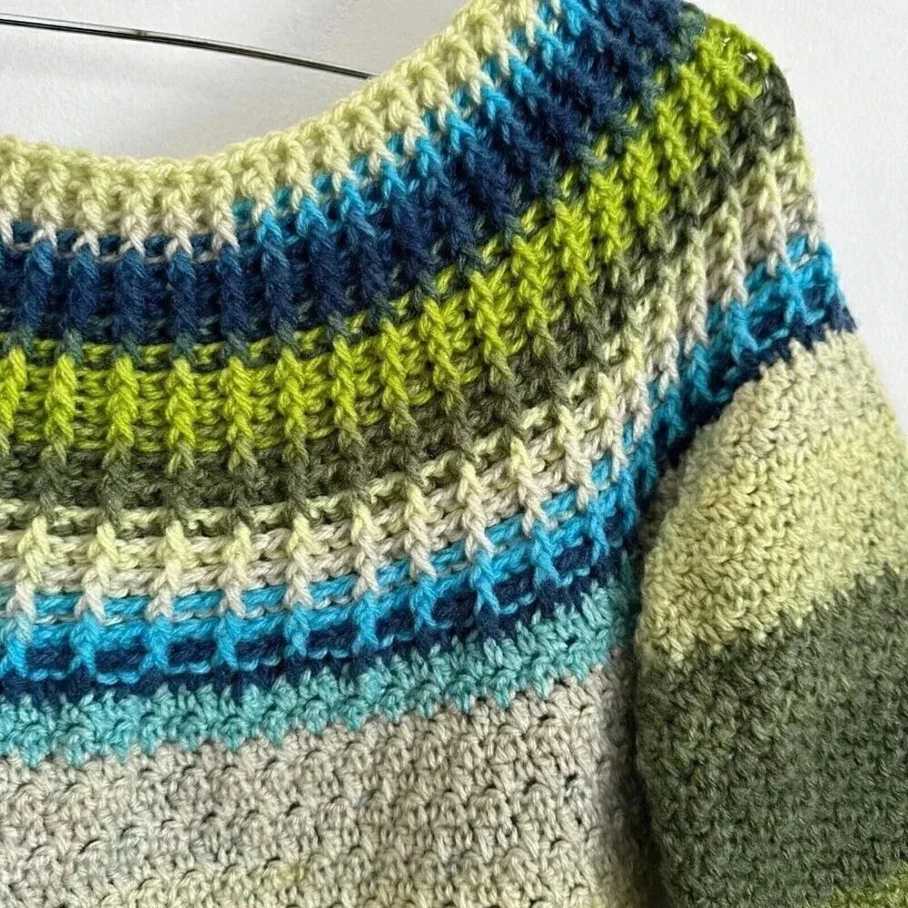 Handmade XS crochet knit dress blue green short with 3/4 sleeves - Picture 9 of 10